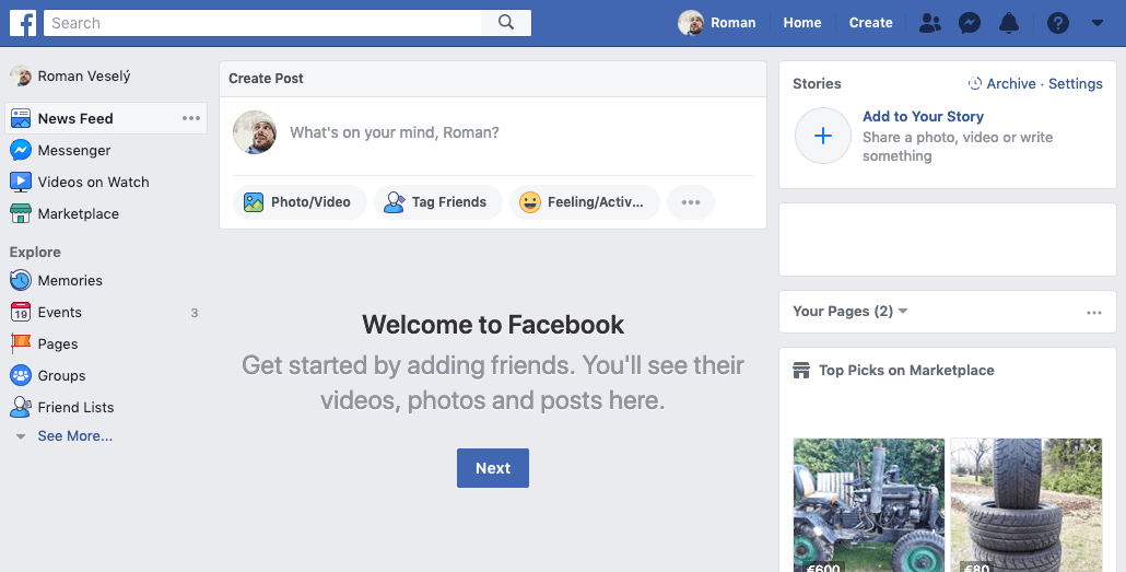 Prázdna Facebook nástenka